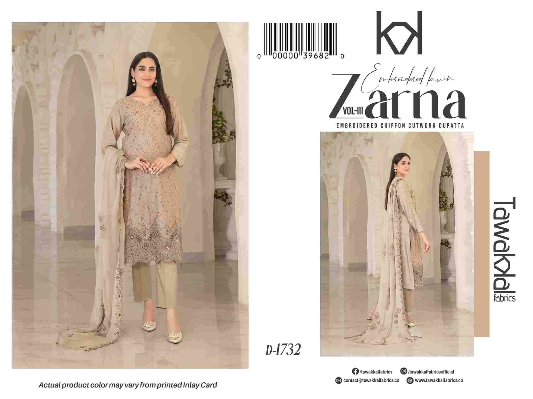 Original Pakistani Zarna Vol-3 By Tawakkal Fab 1731 To 1741 Series Beautiful Pakistani Suits Colorful Stylish Fancy Casual Wear & Ethnic Wear Lawn Dresses At Wholesale Price