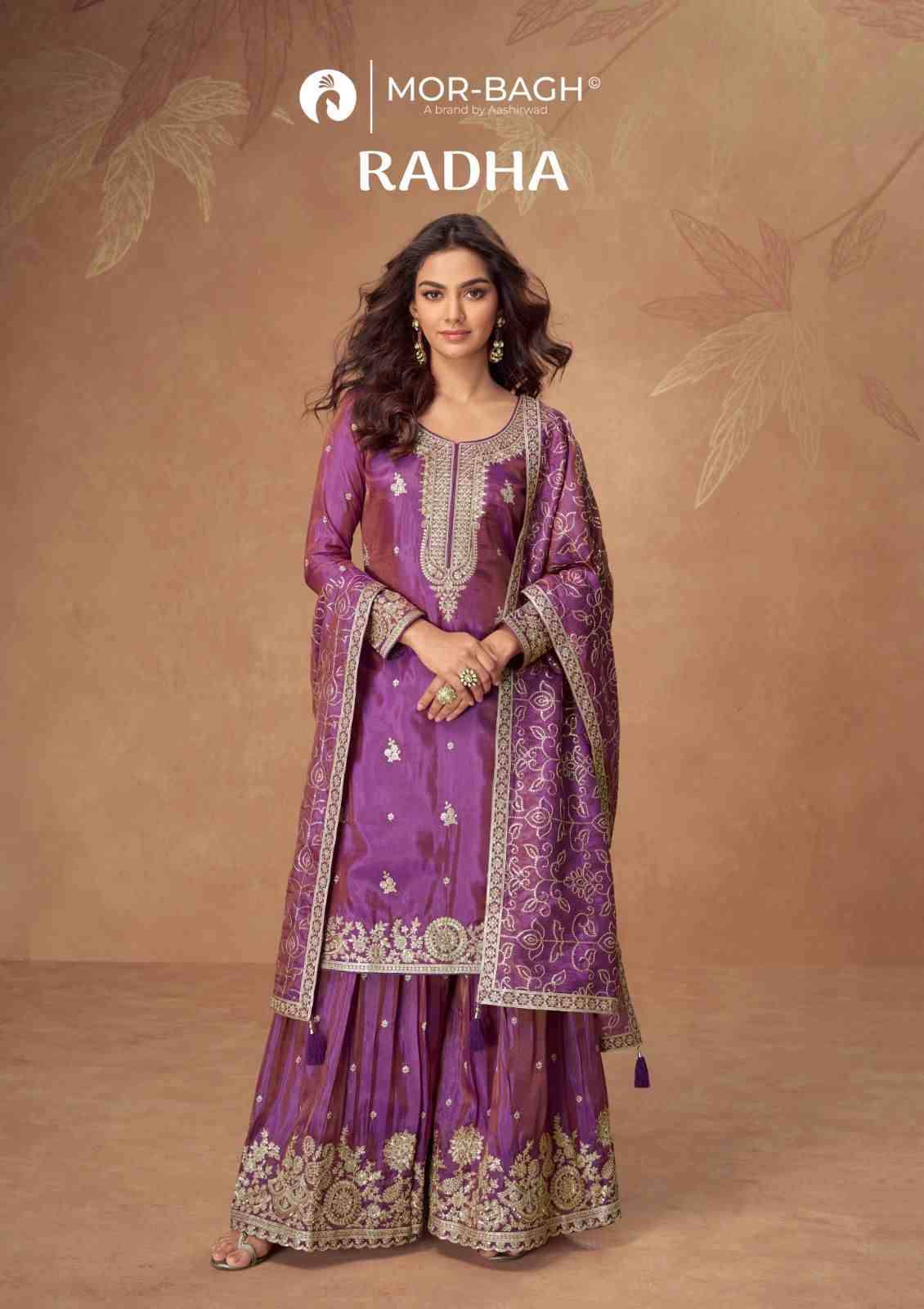 Radha By Mor-Bagh 10320 To 10323 Series Beautiful Stylish Sharara Suits Fancy Colorful Casual Wear & Ethnic Wear & Ready To Wear Premium Simar Silk Dresses At Wholesale Price