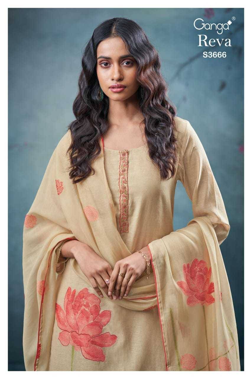 Reva-3666 By Ganga Fashion 3666-A To 3666-D Series Beautiful Festive Suits Colorful Stylish Fancy Casual Wear & Ethnic Wear Pure Chanderi Jacquard Dresses At Wholesale Price
