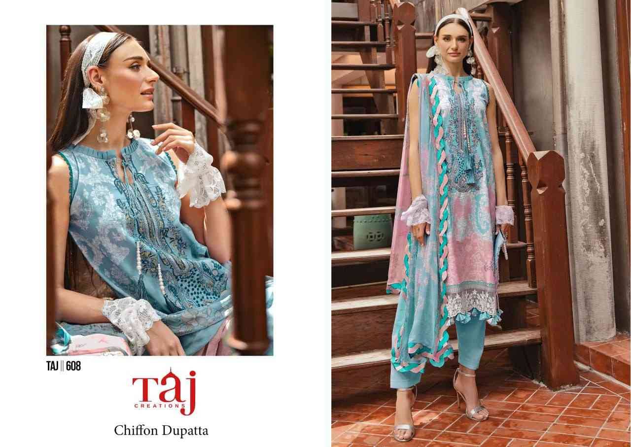 Taj Hit Design 608 By Taj Creation Beautiful Pakistani Suits Colorful Stylish Fancy Casual Wear & Ethnic Wear Pure Cotton Print With Embroidered Dresses At Wholesale Price