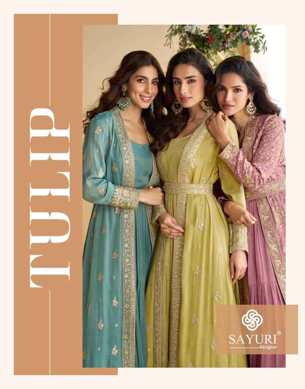 Tulip By Sayuri 10092 To 10094 Series Designer Beautiful Collection Occasional Wear & Party Wear Chinnon Silk Gowns With Jacket At Wholesale Price