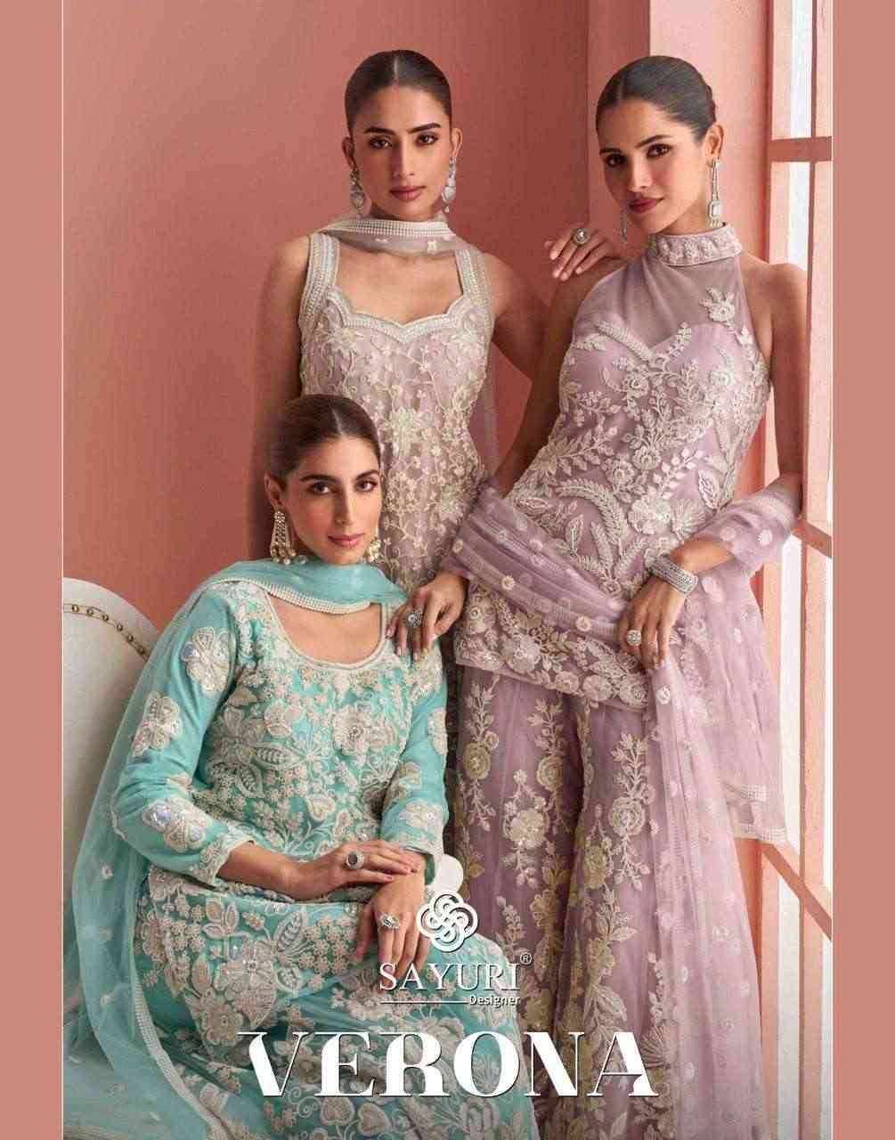 Verona By Sayuri 10088 To 10090 Series Designer Sharara Suits Beautiful Fancy Colorful Stylish Party Wear & Occasional Wear Net Dresses At Wholesale Price