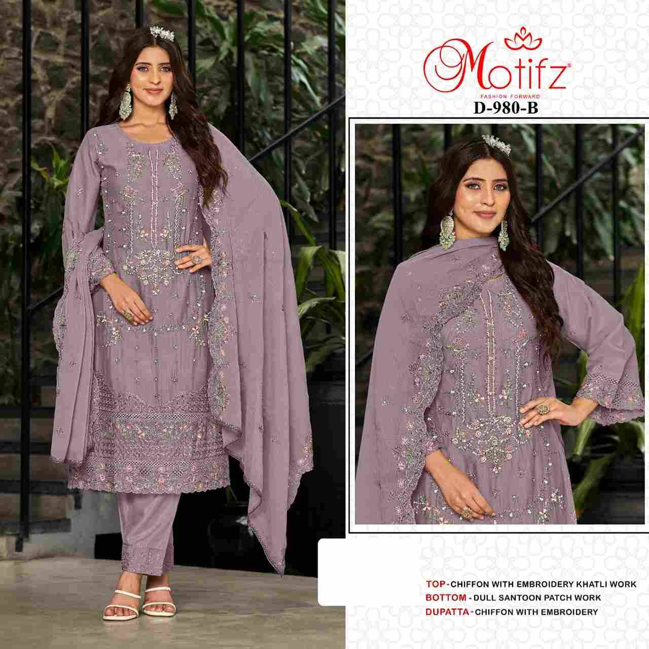 Motifz Hit Design 980 Colours By Motifz 980-A To 980-D Series Beautiful Pakistani Suits Colorful Stylish Fancy Casual Wear & Ethnic Wear Chiffon Dresses At Wholesale Price