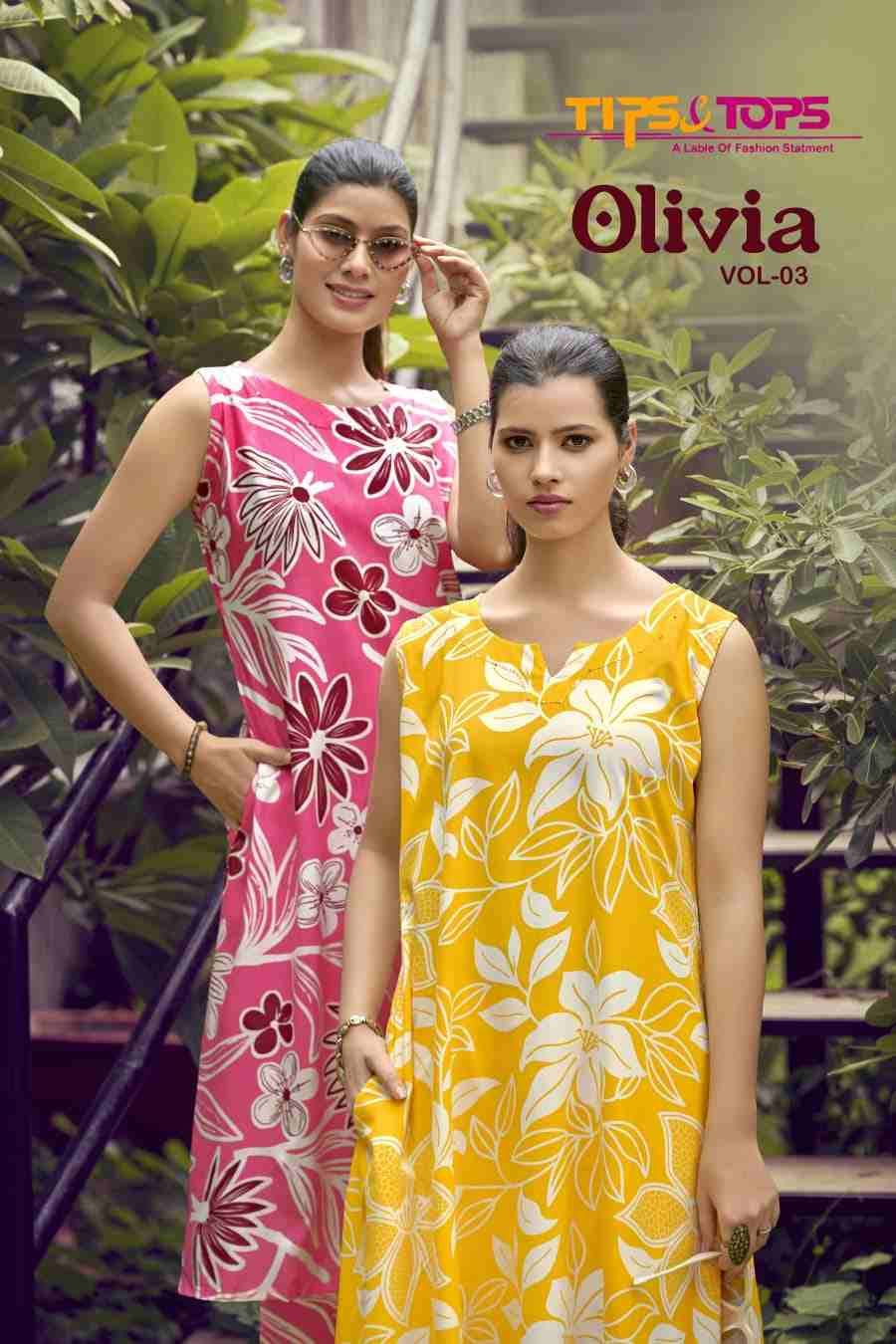 Olivia Vol-3 By Tips And Tops 1001 To 1006 Series Designer Stylish Fancy Colorful Beautiful Party Wear & Ethnic Wear Collection Rayon Print Tops With Bottom At Wholesale Price