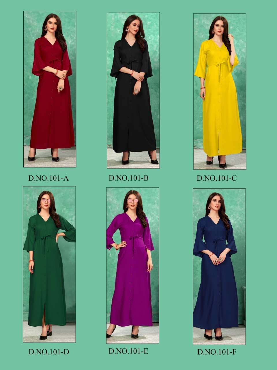 COLORBAR VOL-2 BY VEE FAB 101-A TO 101-F SERIES BEAUTIFUL COLORFUL STYLISH FANCY CASUAL WEAR & ETHNIC WEAR & READY TO WEAR RAYON GOWN AT WHOLESALE PRICE