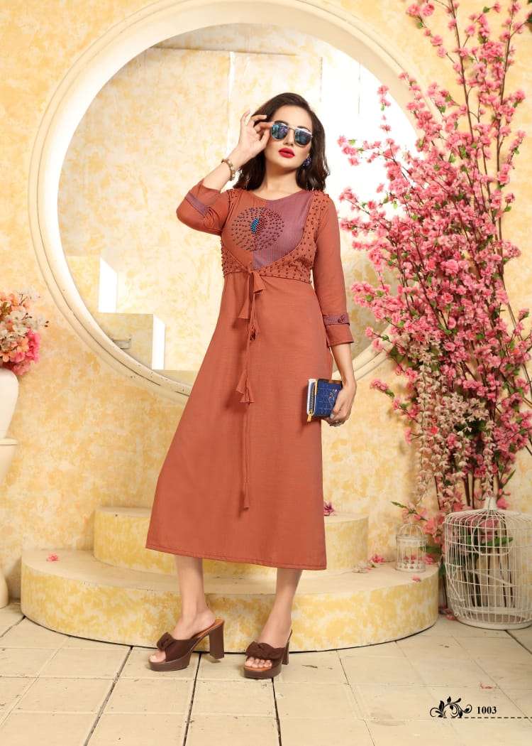 PURPLE BY NEETI CREATION 1001 TO 1007 SERIES BEAUTIFUL COLORFUL STYLISH FANCY CASUAL WEAR & ETHNIC WEAR & READY TO WEAR HEAVY RAYON KURTIS AT WHOLESALE PRICE
