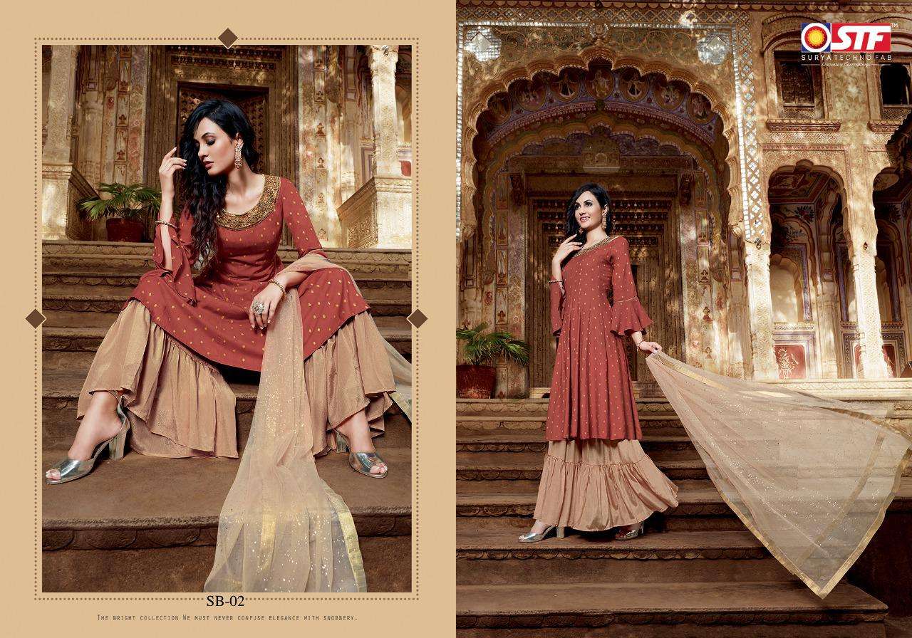 SAHIBAH BY SURYA TECHNO FAB 01 TO 06 SERIES BEAUTIFUL STYLISH SHARARA SUITS FANCY COLORFUL CASUAL WEAR & ETHNIC WEAR & READY TO WEAR RAYON JACQUARD BUTTI DRESSES AT WHOLESALE PRICE