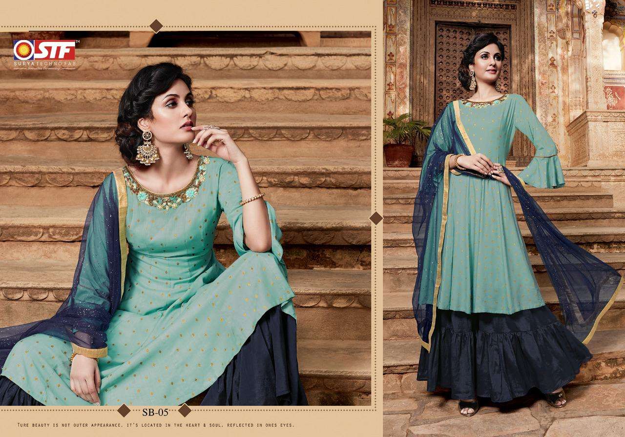 SAHIBAH BY SURYA TECHNO FAB 01 TO 06 SERIES BEAUTIFUL STYLISH SHARARA SUITS FANCY COLORFUL CASUAL WEAR & ETHNIC WEAR & READY TO WEAR RAYON JACQUARD BUTTI DRESSES AT WHOLESALE PRICE