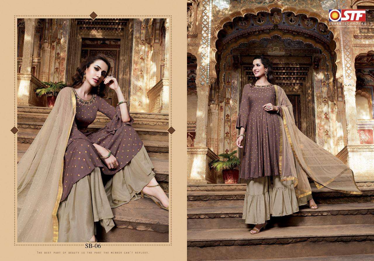 SAHIBAH BY SURYA TECHNO FAB 01 TO 06 SERIES BEAUTIFUL STYLISH SHARARA SUITS FANCY COLORFUL CASUAL WEAR & ETHNIC WEAR & READY TO WEAR RAYON JACQUARD BUTTI DRESSES AT WHOLESALE PRICE