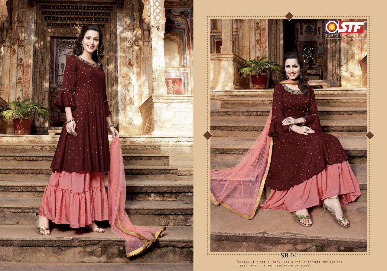 SAHIBAH BY SURYA TECHNO FAB 01 TO 06 SERIES BEAUTIFUL STYLISH SHARARA SUITS FANCY COLORFUL CASUAL WEAR & ETHNIC WEAR & READY TO WEAR RAYON JACQUARD BUTTI DRESSES AT WHOLESALE PRICE