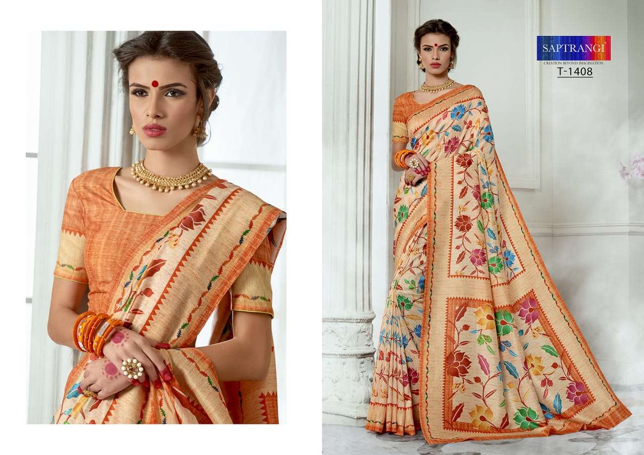 SAPTRANGI 1401 SERIES BY SAPTRANGI 1401 TO 1414 SERIES INDIAN TRADITIONAL WEAR COLLECTION BEAUTIFUL STYLISH FANCY COLORFUL PARTY WEAR & OCCASIONAL WEAR TUSSAR SILK DIGITAL PRINTED SAREES AT WHOLESALE PRICE