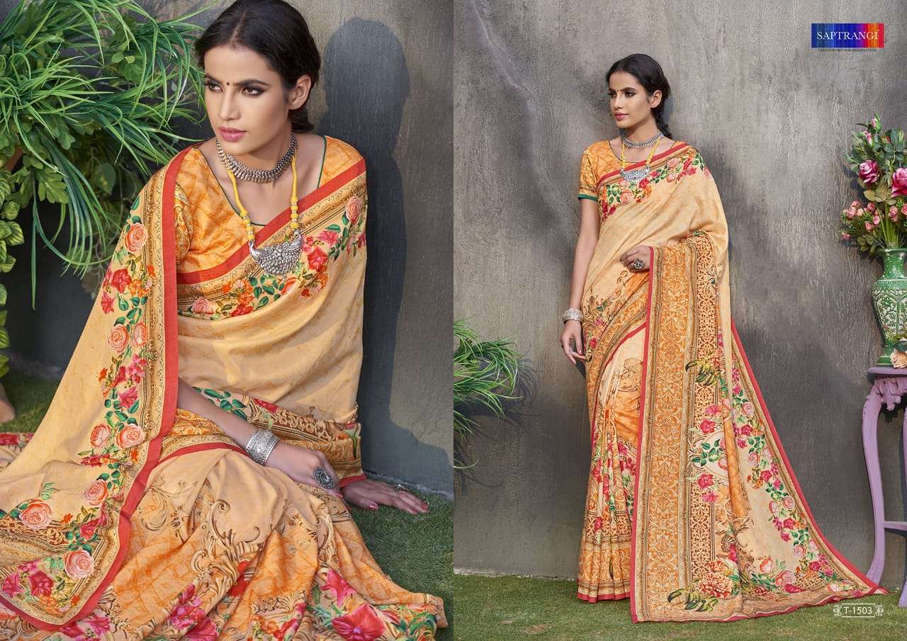 SAPTRANGI 1501 SERIES BY SAPTRANGI 1501 TO 1515 SERIES INDIAN TRADITIONAL WEAR COLLECTION BEAUTIFUL STYLISH FANCY COLORFUL PARTY WEAR & OCCASIONAL WEAR TUSSAR SILK DIGITAL PRINTED SAREES AT WHOLESALE PRICE