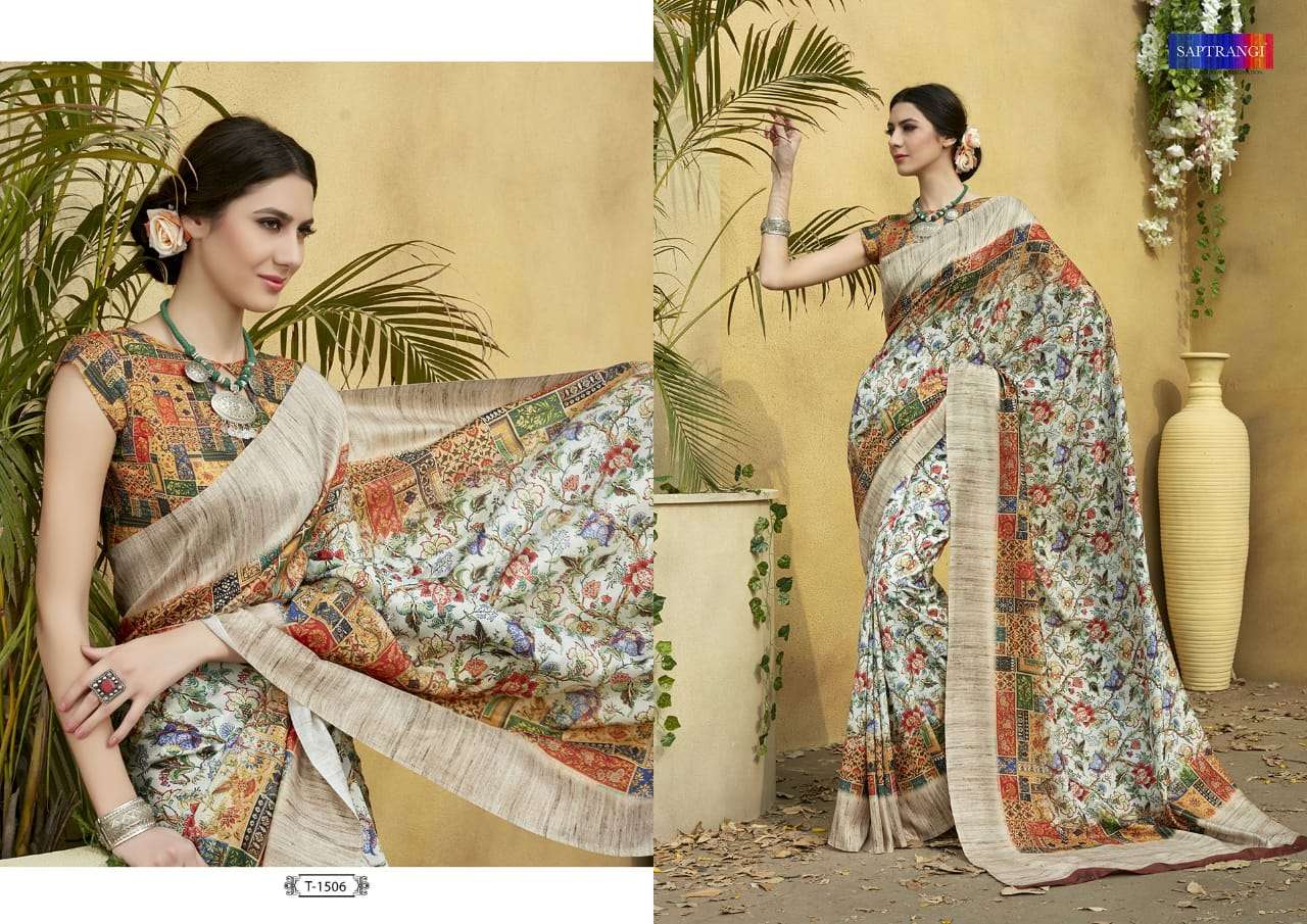 SAPTRANGI 1501 SERIES BY SAPTRANGI 1501 TO 1515 SERIES INDIAN TRADITIONAL WEAR COLLECTION BEAUTIFUL STYLISH FANCY COLORFUL PARTY WEAR & OCCASIONAL WEAR TUSSAR SILK DIGITAL PRINTED SAREES AT WHOLESALE PRICE
