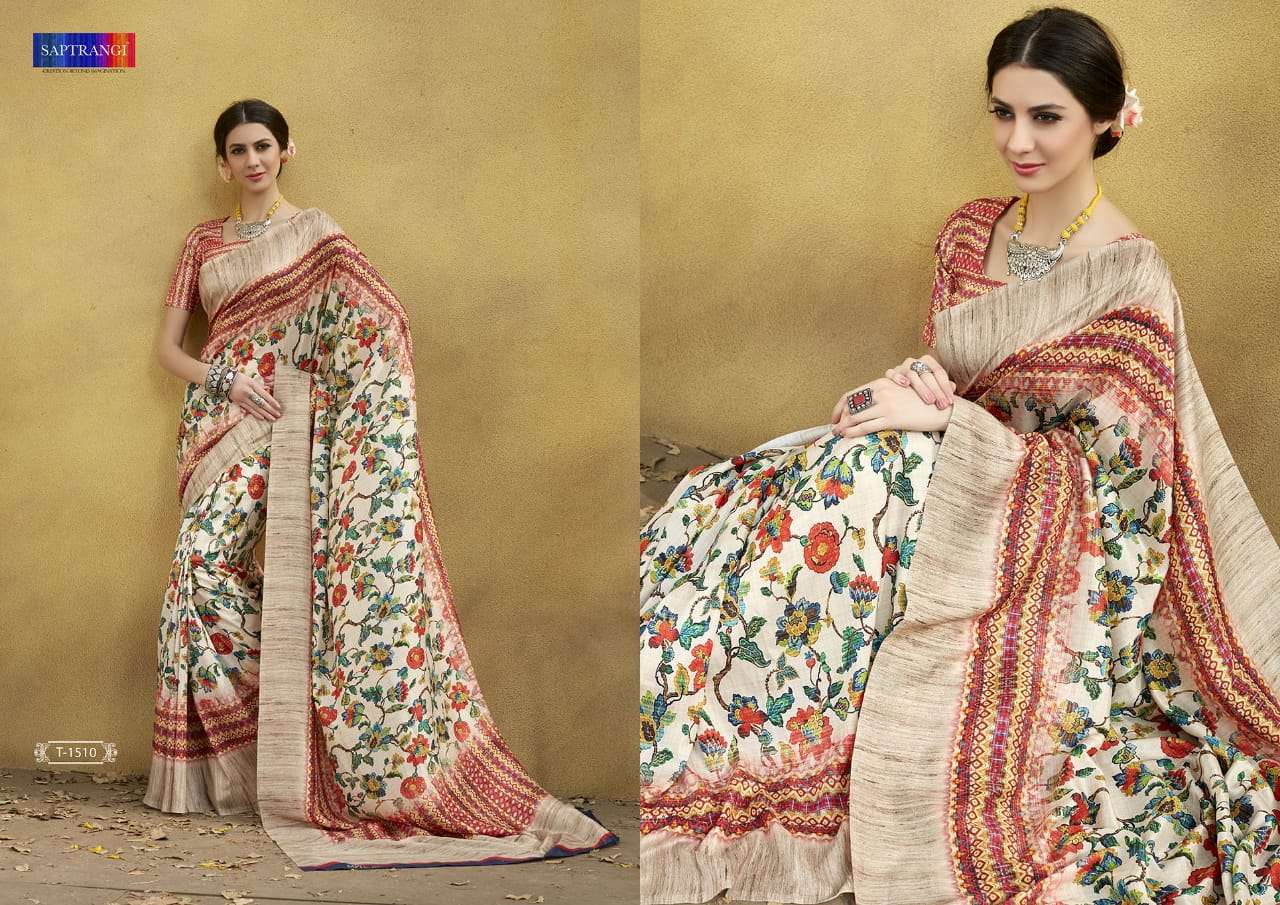 SAPTRANGI 1501 SERIES BY SAPTRANGI 1501 TO 1515 SERIES INDIAN TRADITIONAL WEAR COLLECTION BEAUTIFUL STYLISH FANCY COLORFUL PARTY WEAR & OCCASIONAL WEAR TUSSAR SILK DIGITAL PRINTED SAREES AT WHOLESALE PRICE