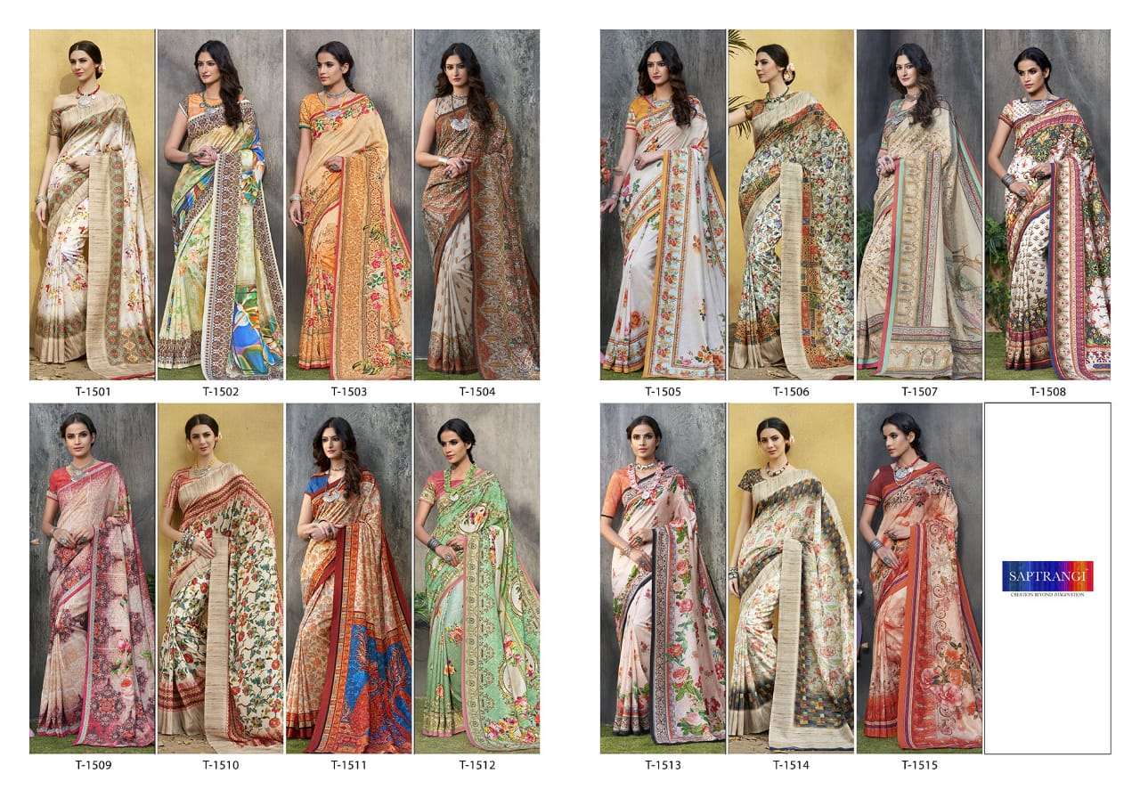 SAPTRANGI 1501 SERIES BY SAPTRANGI 1501 TO 1515 SERIES INDIAN TRADITIONAL WEAR COLLECTION BEAUTIFUL STYLISH FANCY COLORFUL PARTY WEAR & OCCASIONAL WEAR TUSSAR SILK DIGITAL PRINTED SAREES AT WHOLESALE PRICE