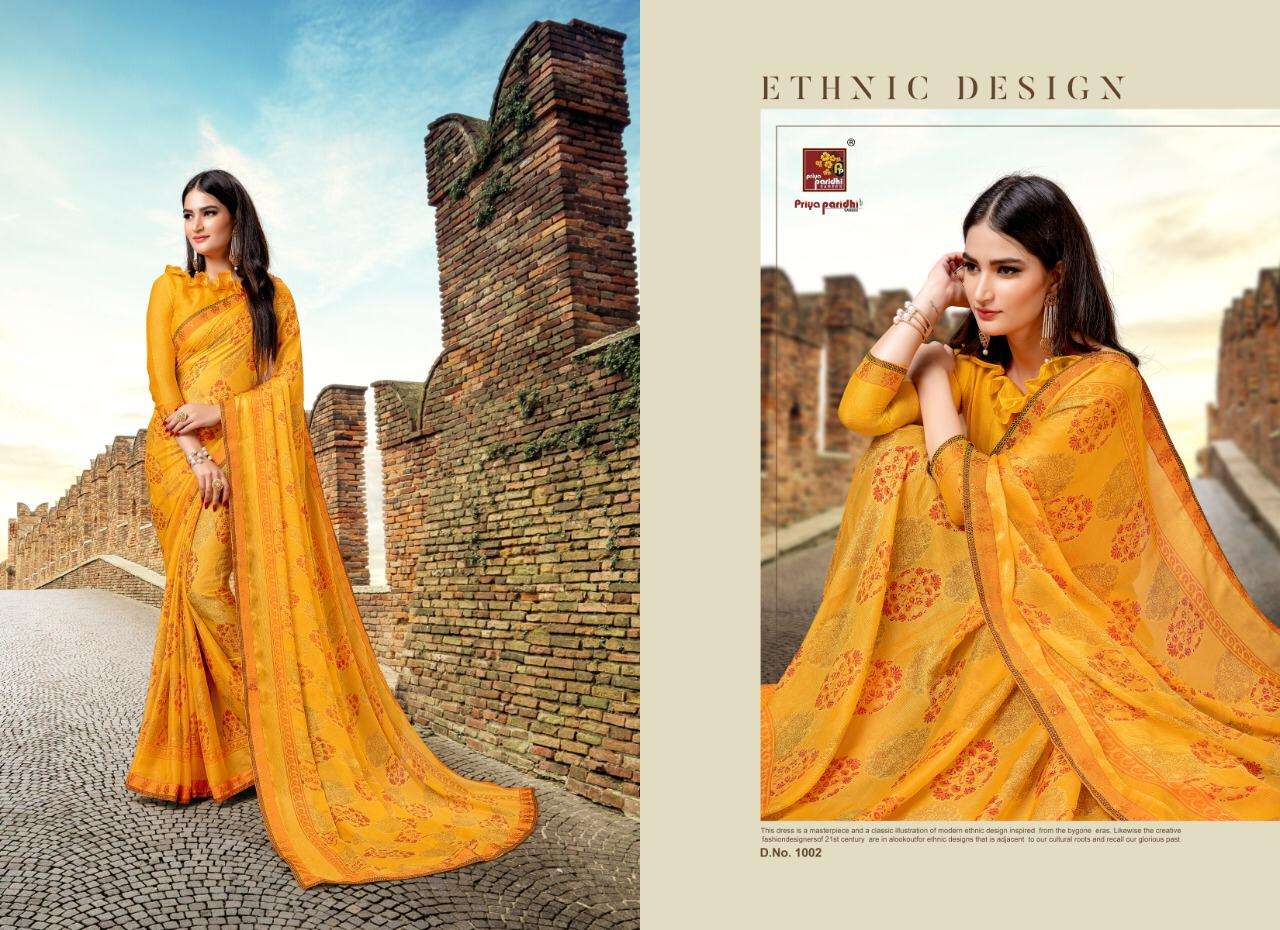 KASHISH BY PRIYA PARIDHI 1001 TO 1010 SERIES INDIAN TRADITIONAL WEAR COLLECTION BEAUTIFUL STYLISH FANCY COLORFUL PARTY WEAR & OCCASIONAL WEAR PURE GEORGETTE PRINTED SAREES AT WHOLESALE PRICE