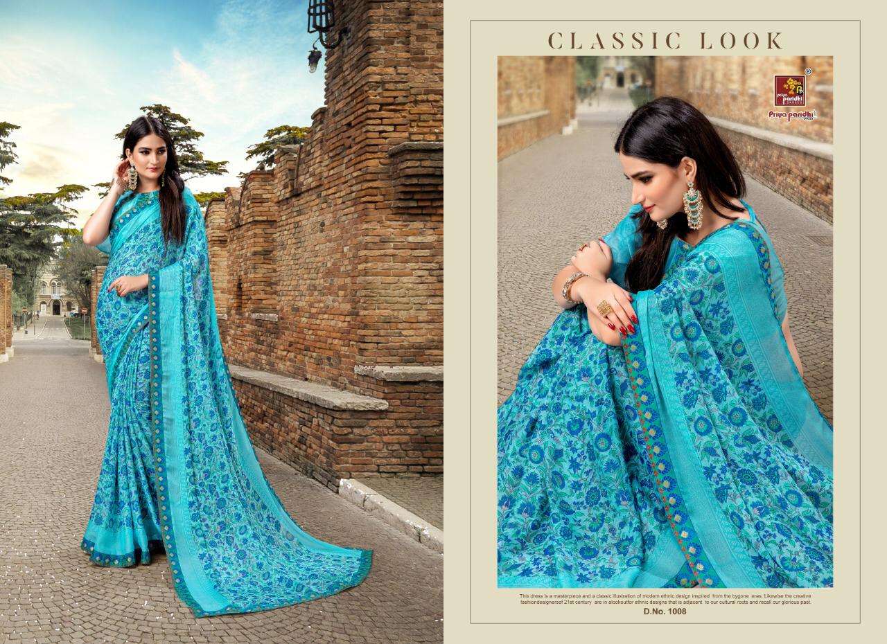 KASHISH BY PRIYA PARIDHI 1001 TO 1010 SERIES INDIAN TRADITIONAL WEAR COLLECTION BEAUTIFUL STYLISH FANCY COLORFUL PARTY WEAR & OCCASIONAL WEAR PURE GEORGETTE PRINTED SAREES AT WHOLESALE PRICE