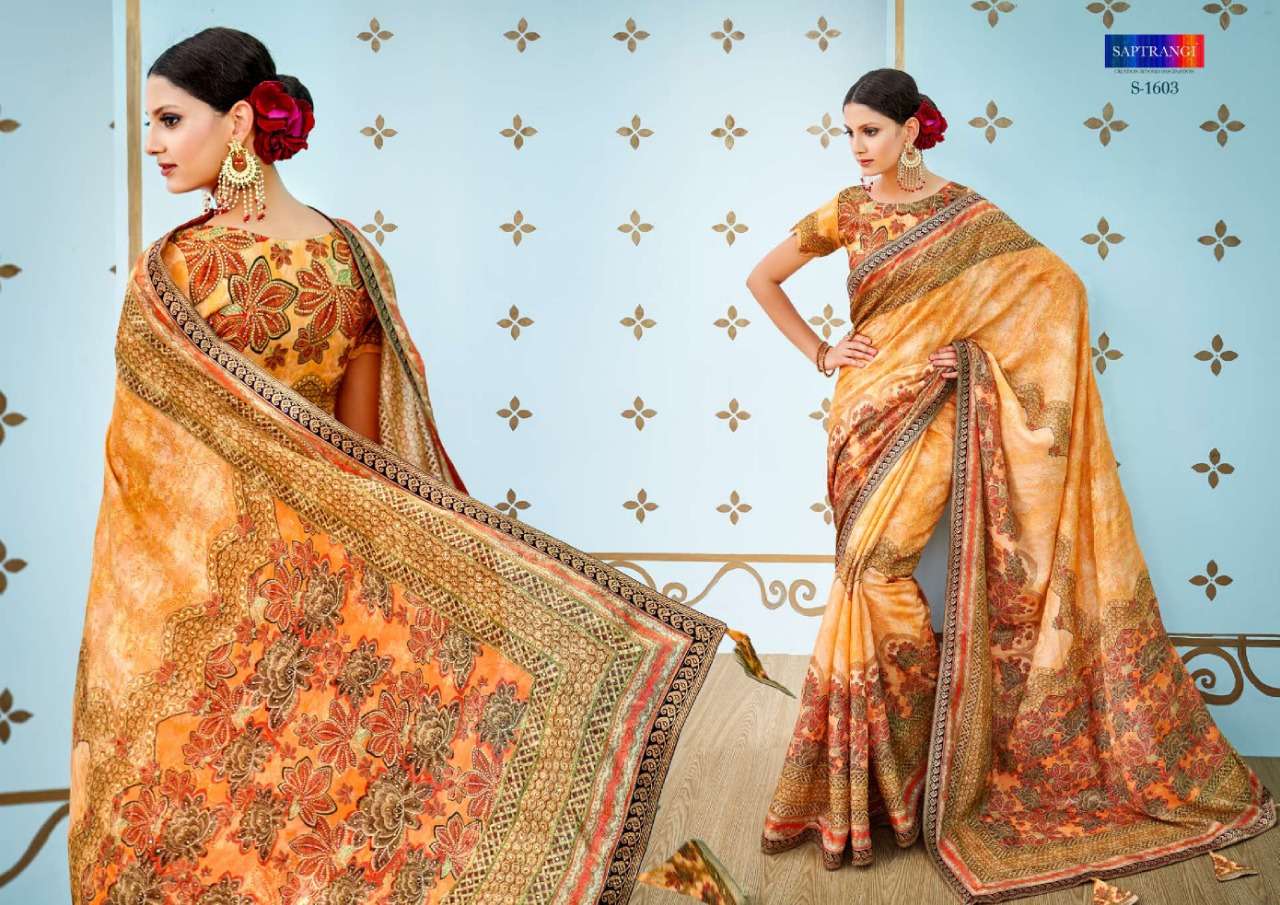 SAPTRANGI 1601 SERIES BY SAPTRANGI 1601 TO 1611 SERIES INDIAN TRADITIONAL WEAR COLLECTION BEAUTIFUL STYLISH FANCY COLORFUL PARTY WEAR & OCCASIONAL WEAR PURE BANARASI SILK DIGITAL PRINTED SAREES AT WHOLESALE PRICE