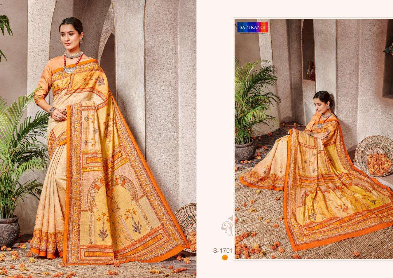 SAPTRANGI 1701 SERIES BY SAPTRANGI 1701 TO 1710 SERIES INDIAN TRADITIONAL WEAR COLLECTION BEAUTIFUL STYLISH FANCY COLORFUL PARTY WEAR & OCCASIONAL WEAR BANARASI SILK DIGITAL PRINTED SAREES AT WHOLESALE PRICE