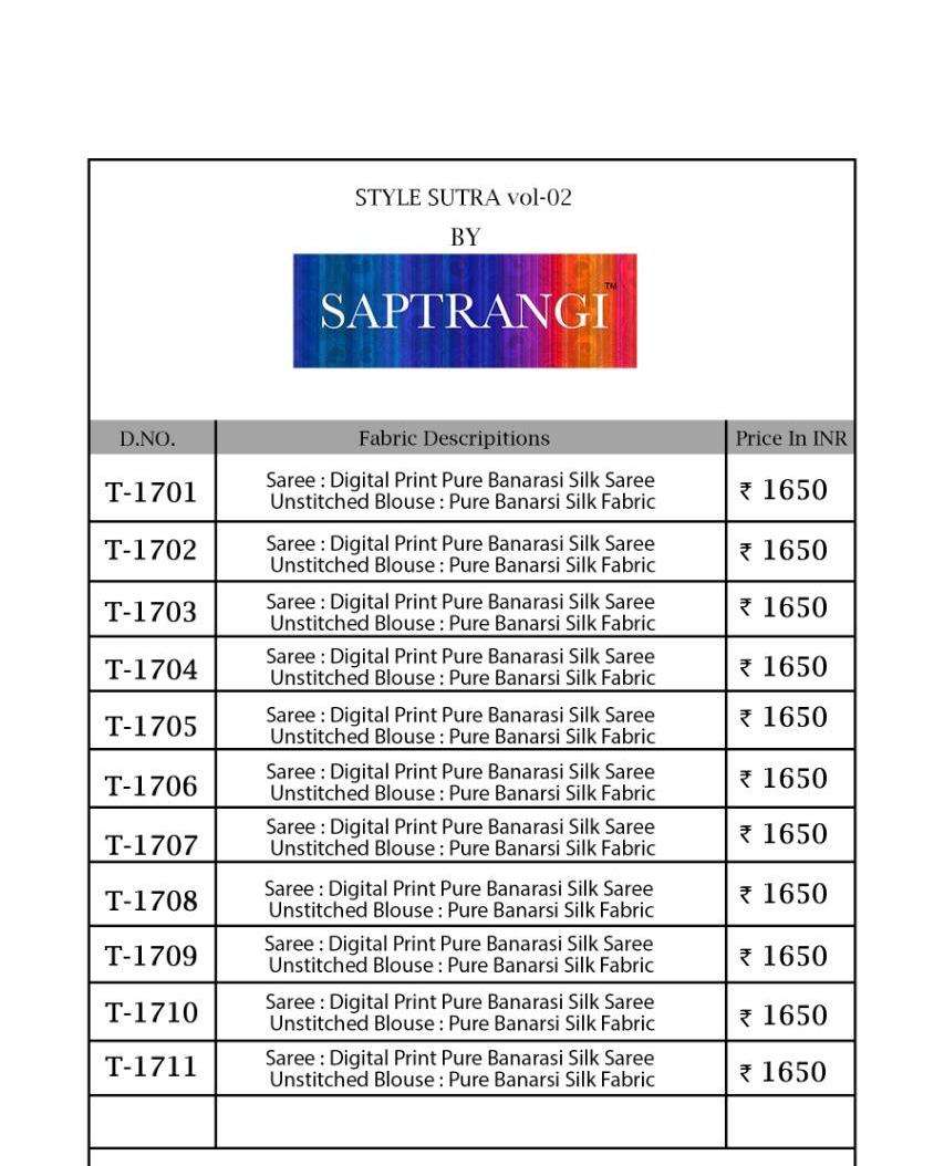 SAPTRANGI 1701 SERIES BY SAPTRANGI 1701 TO 1710 SERIES INDIAN TRADITIONAL WEAR COLLECTION BEAUTIFUL STYLISH FANCY COLORFUL PARTY WEAR & OCCASIONAL WEAR BANARASI SILK DIGITAL PRINTED SAREES AT WHOLESALE PRICE
