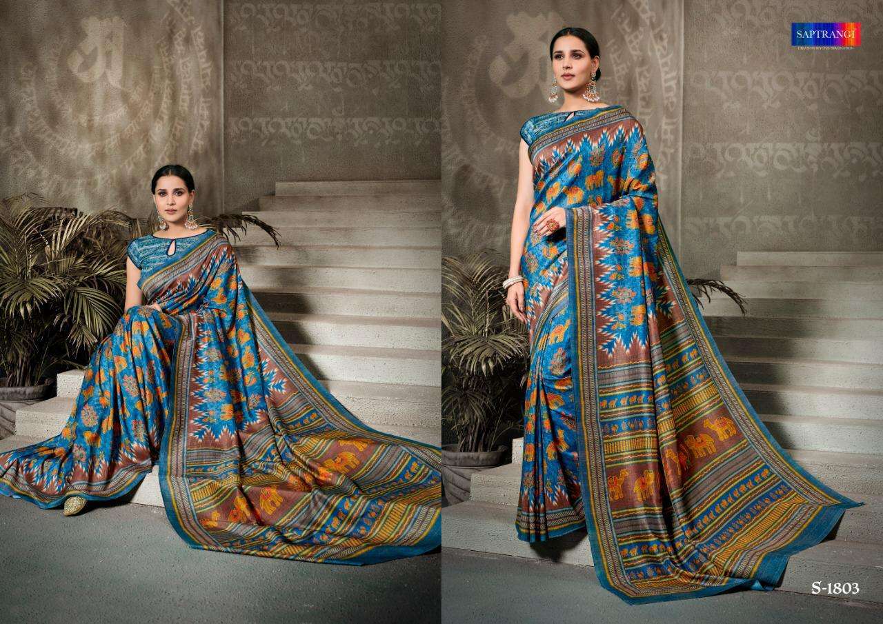 SAPTRANGI 1801 SERIES BY SAPTRANGI 1801 TO 1812 SERIES INDIAN TRADITIONAL WEAR COLLECTION BEAUTIFUL STYLISH FANCY COLORFUL PARTY WEAR & OCCASIONAL WEAR TUSSAR SILK DIGITAL PRINTED SAREES AT WHOLESALE PRICE