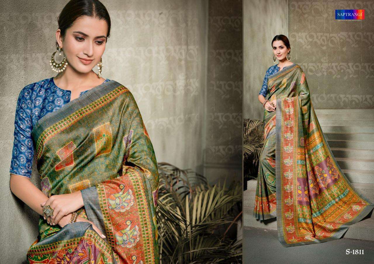 SAPTRANGI 1801 SERIES BY SAPTRANGI 1801 TO 1812 SERIES INDIAN TRADITIONAL WEAR COLLECTION BEAUTIFUL STYLISH FANCY COLORFUL PARTY WEAR & OCCASIONAL WEAR TUSSAR SILK DIGITAL PRINTED SAREES AT WHOLESALE PRICE