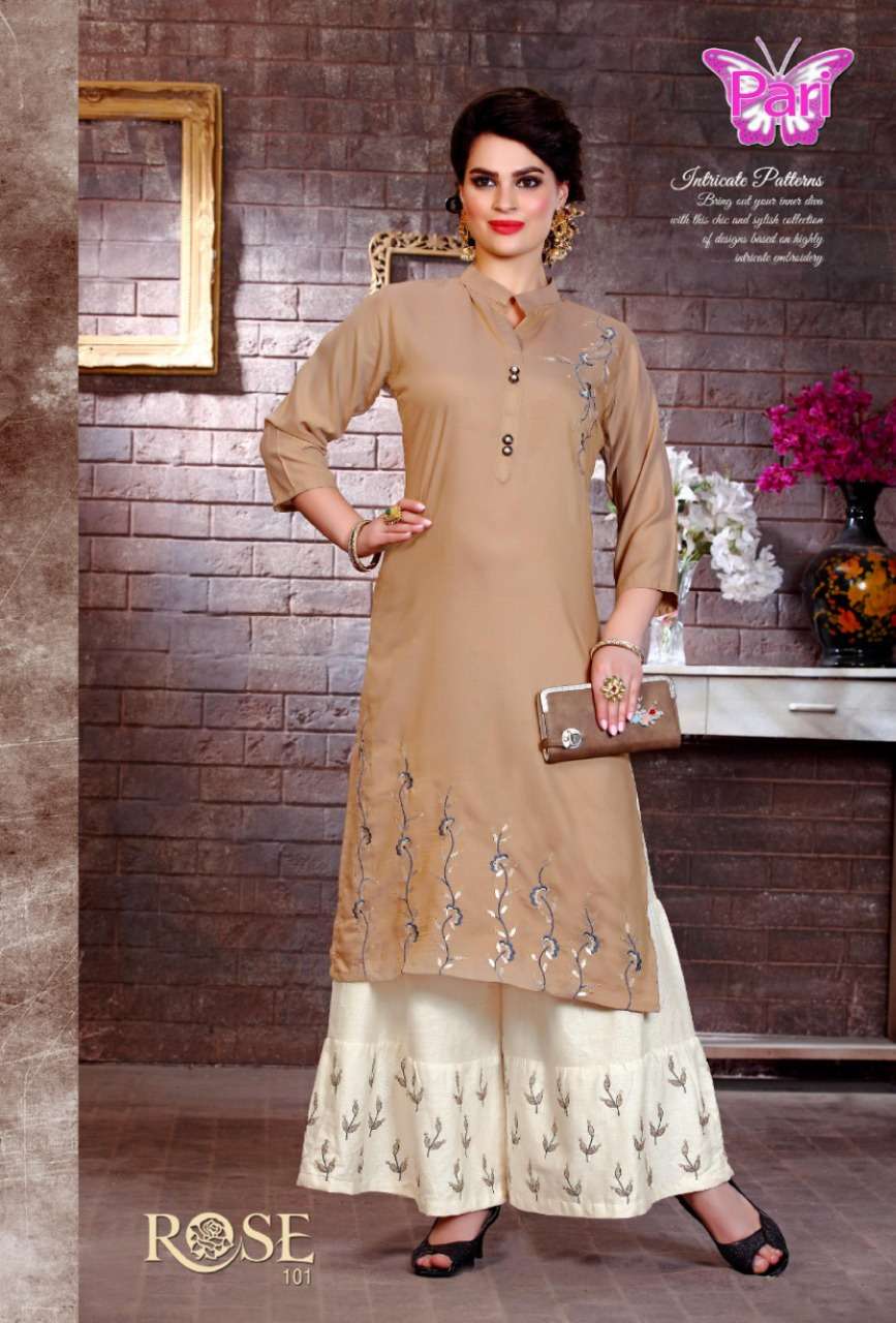 ROSE BY PARI 101 TO 108 SERIES BEAUTIFUL COLORFUL STYLISH FANCY CASUAL WEAR & ETHNIC WEAR & READY TO WEAR RAYON PRINTED KURTIS AT WHOLESALE PRICE