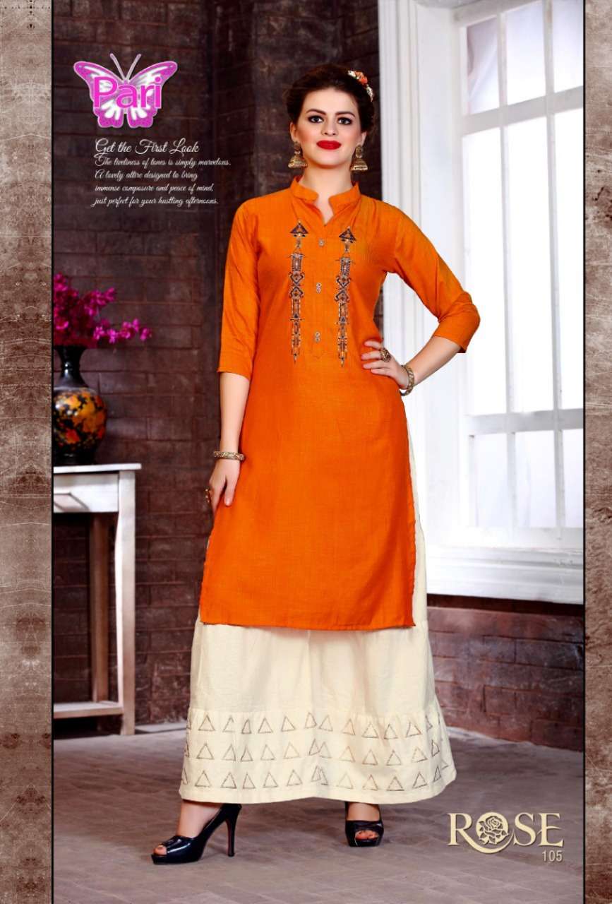 ROSE BY PARI 101 TO 108 SERIES BEAUTIFUL COLORFUL STYLISH FANCY CASUAL WEAR & ETHNIC WEAR & READY TO WEAR RAYON PRINTED KURTIS AT WHOLESALE PRICE