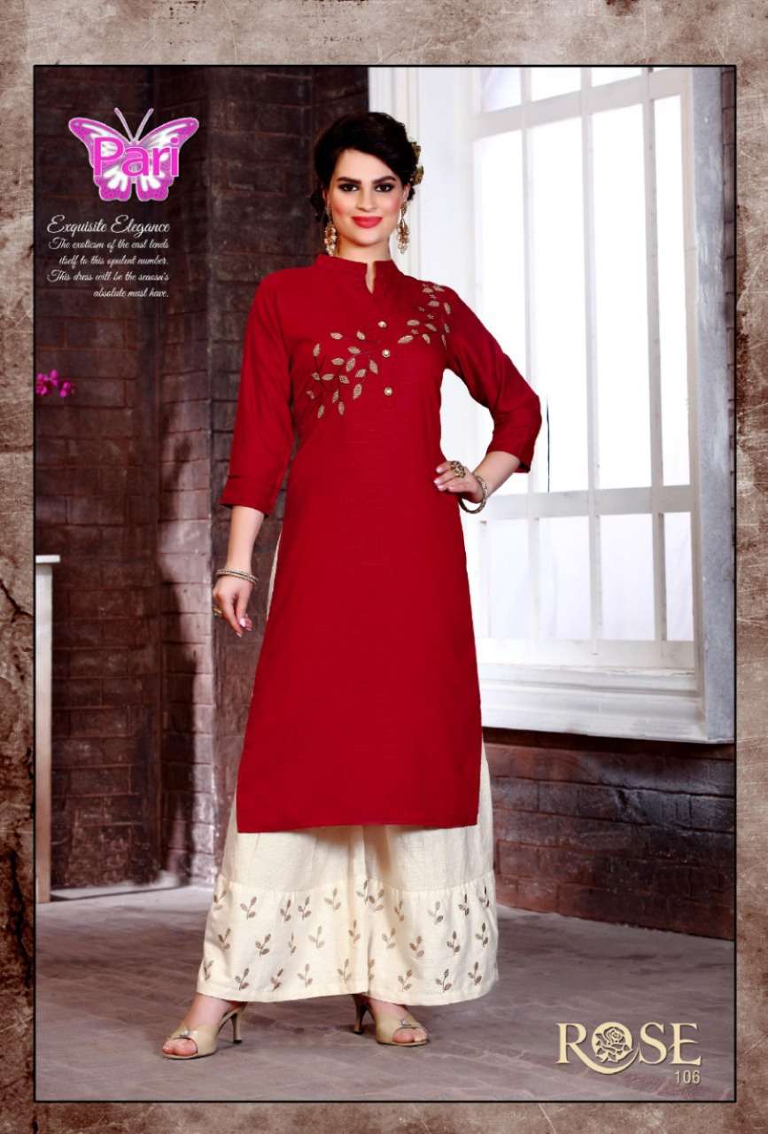 ROSE BY PARI 101 TO 108 SERIES BEAUTIFUL COLORFUL STYLISH FANCY CASUAL WEAR & ETHNIC WEAR & READY TO WEAR RAYON PRINTED KURTIS AT WHOLESALE PRICE
