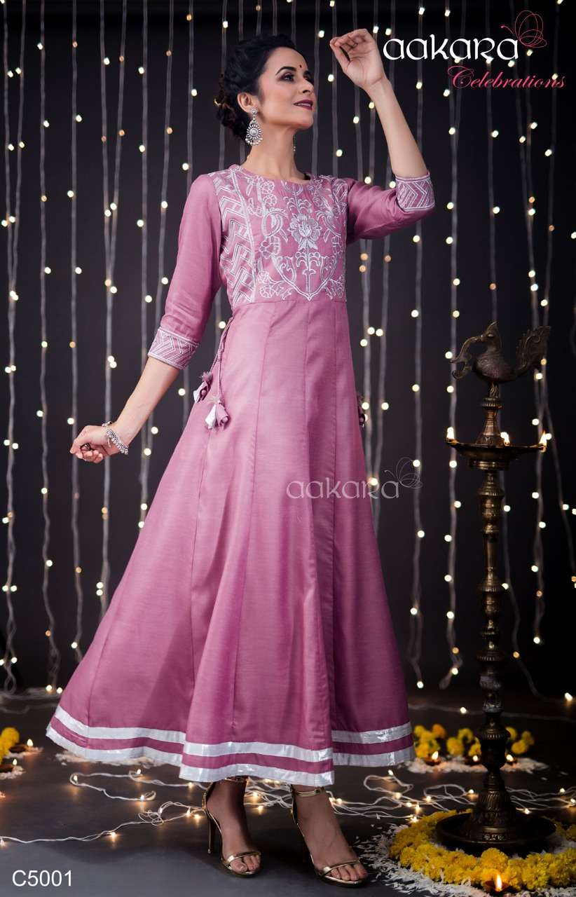 AAKARA CELEBRATION VOL-5 BY AAKARA 5001 TO 5006 SERIES BEAUTIFUL COLORFUL STYLISH FANCY PARTY WEAR & ETHNIC WEAR & READY TO WEAR HEAVY ZARI EMBROIDERY WITH TUSSLES GOWNS AT WHOLESALE PRICE