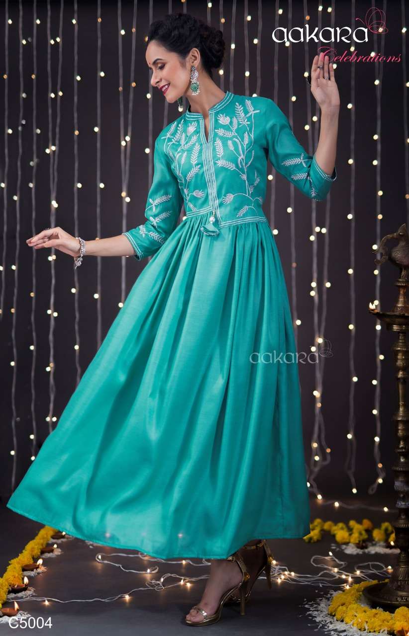 AAKARA CELEBRATION VOL-5 BY AAKARA 5001 TO 5006 SERIES BEAUTIFUL COLORFUL STYLISH FANCY PARTY WEAR & ETHNIC WEAR & READY TO WEAR HEAVY ZARI EMBROIDERY WITH TUSSLES GOWNS AT WHOLESALE PRICE
