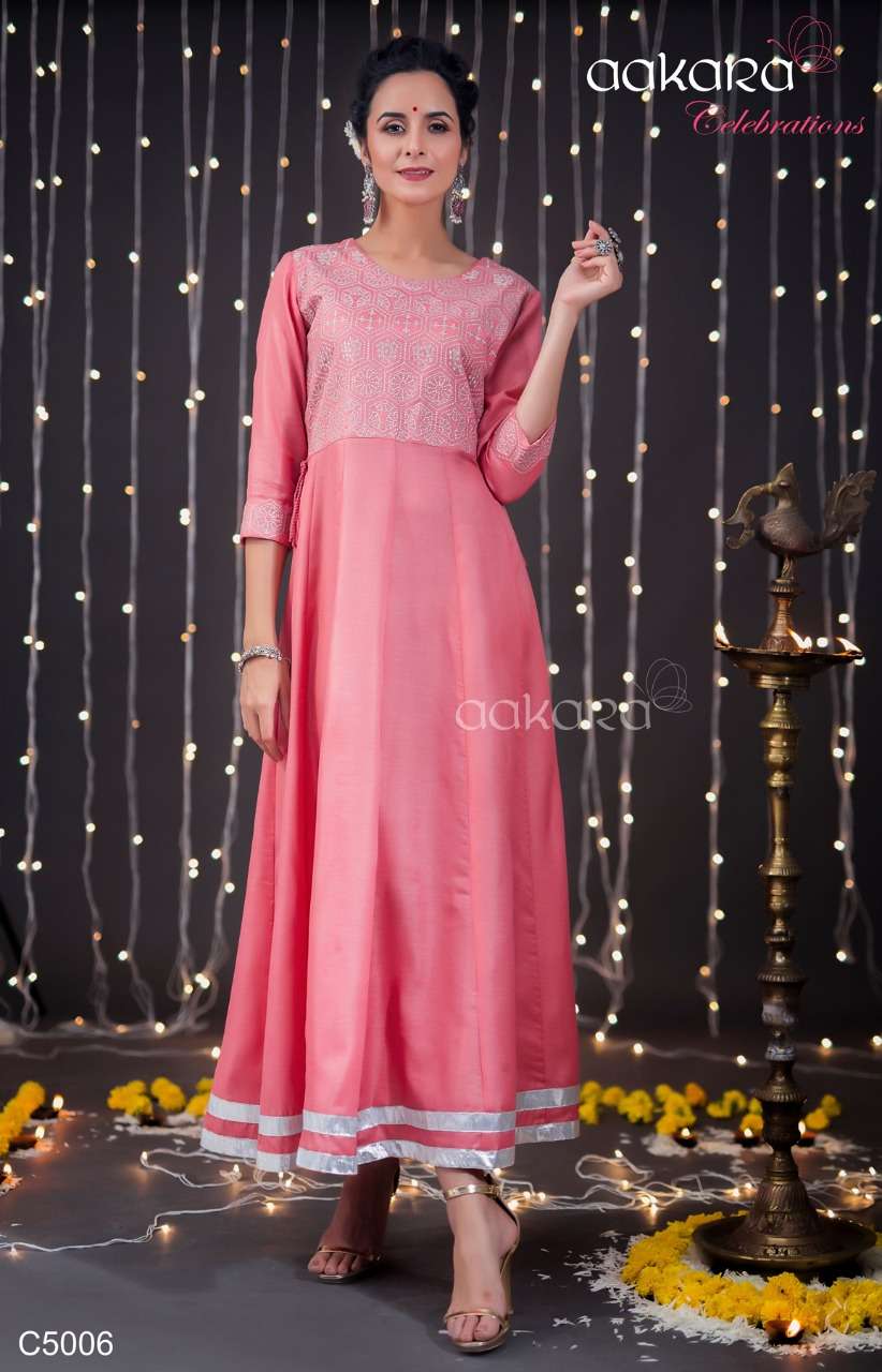 AAKARA CELEBRATION VOL-5 BY AAKARA 5001 TO 5006 SERIES BEAUTIFUL COLORFUL STYLISH FANCY PARTY WEAR & ETHNIC WEAR & READY TO WEAR HEAVY ZARI EMBROIDERY WITH TUSSLES GOWNS AT WHOLESALE PRICE