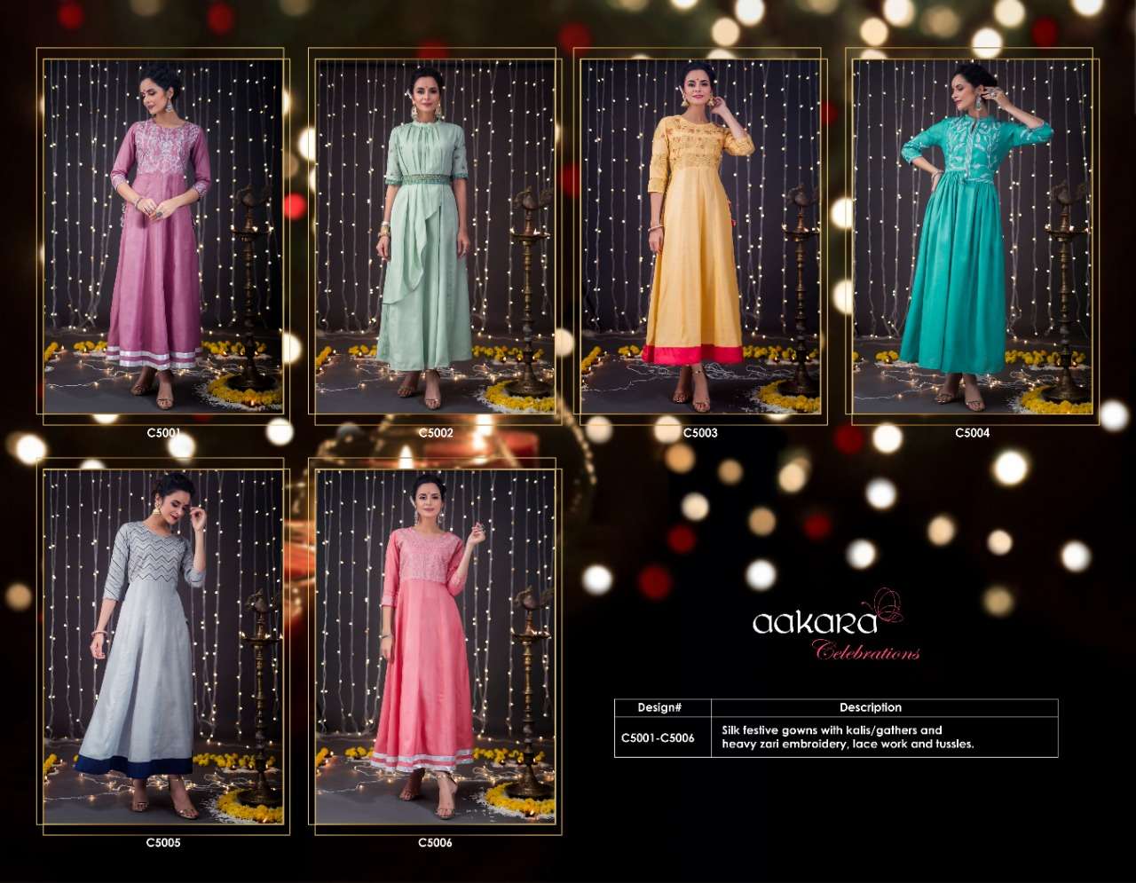 AAKARA CELEBRATION VOL-5 BY AAKARA 5001 TO 5006 SERIES BEAUTIFUL COLORFUL STYLISH FANCY PARTY WEAR & ETHNIC WEAR & READY TO WEAR HEAVY ZARI EMBROIDERY WITH TUSSLES GOWNS AT WHOLESALE PRICE
