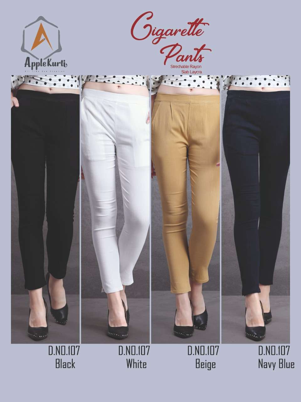 CIGARETTE PANTS BY APPLE KURTIS 01 TO 08 SERIES INDIAN TRADITIONAL WEAR COLLECTION BEAUTIFUL STYLISH FANCY COLORFUL PARTY WEAR & OCCASIONAL WEAR STRETCHEBAL RAYON SLUB LYCRA PANTS AT WHOLESALE PRICE