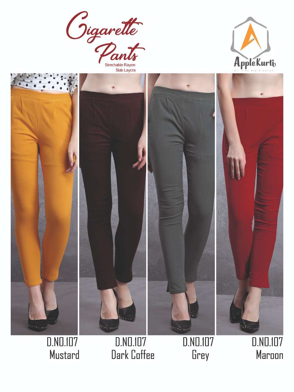 CIGARETTE PANTS BY APPLE KURTIS 01 TO 08 SERIES INDIAN TRADITIONAL WEAR COLLECTION BEAUTIFUL STYLISH FANCY COLORFUL PARTY WEAR & OCCASIONAL WEAR STRETCHEBAL RAYON SLUB LYCRA PANTS AT WHOLESALE PRICE
