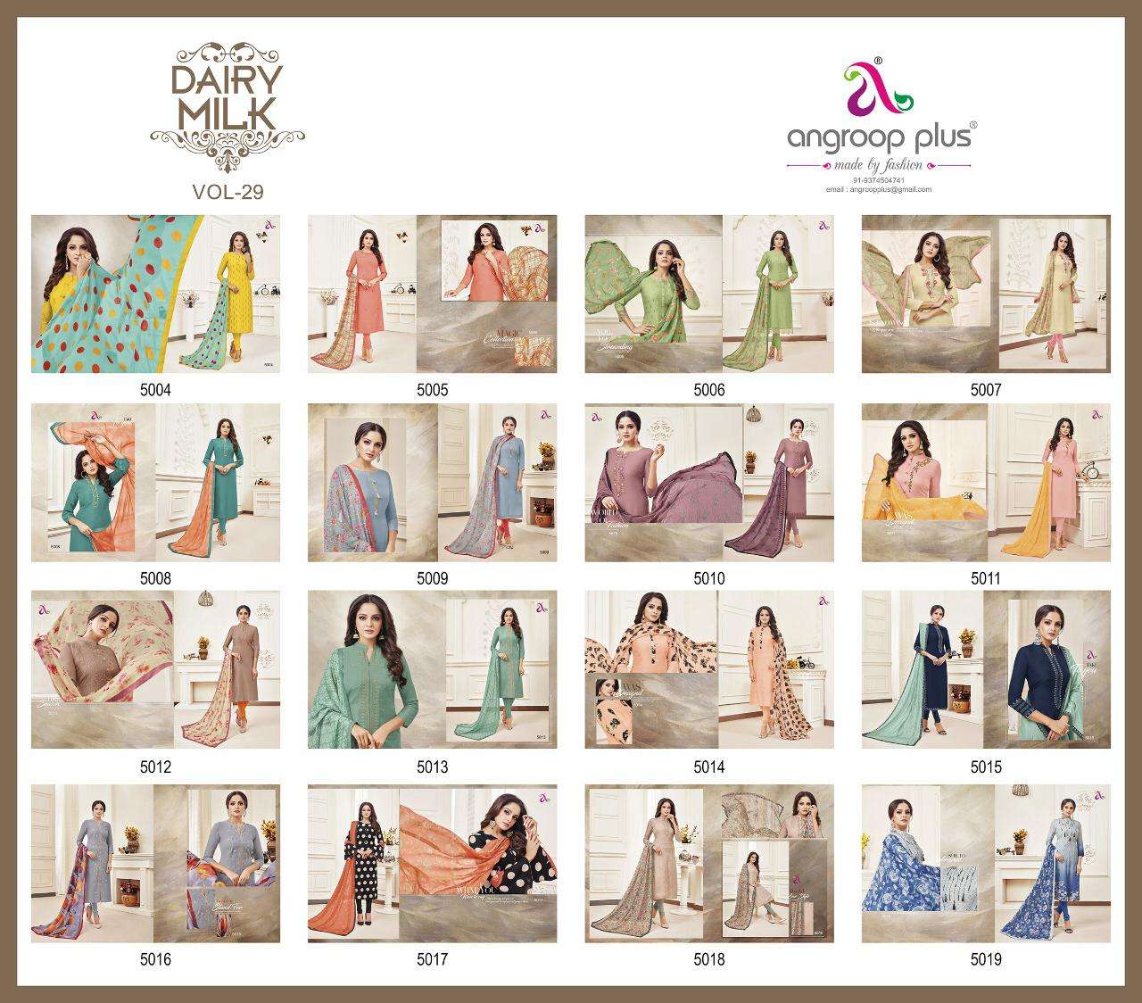 DAIRY MILK VOL-29 BY ANGROOP PLUS 5004 TO 5019 SERIES PAKISTANI DESIGNER SUITS COLLECTION BEAUTIFUL STYLISH FANCY COLORFUL PARTY WEAR & OCCASIONAL WEAR CHANDERI COTTON WITH WORK DRESSES AT WHOLESALE PRICE