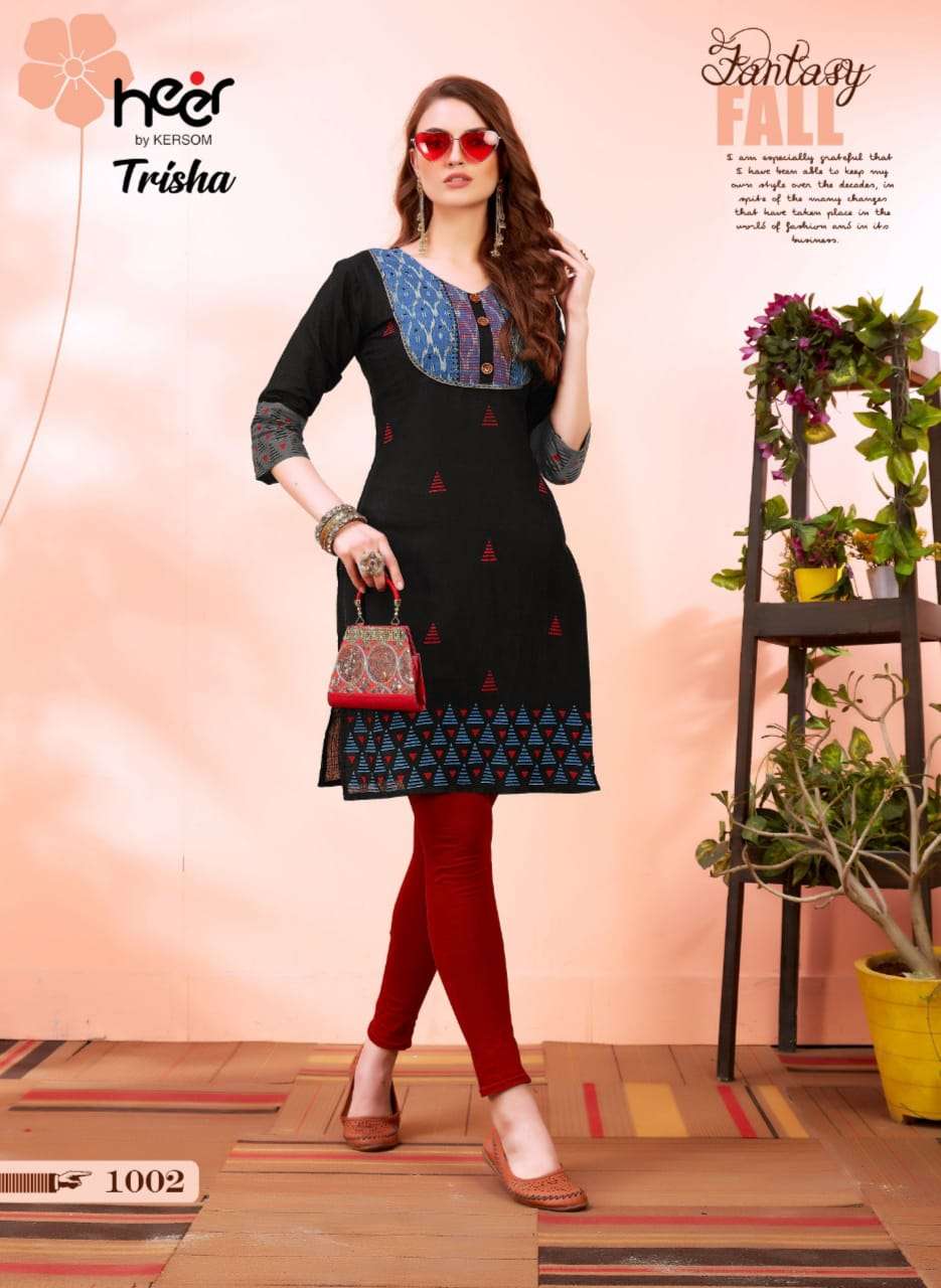 TRISHA BY HEER 1001 TO 1006 SERIES STYLISH FANCY BEAUTIFUL COLORFUL CASUAL WEAR & ETHNIC WEAR HEAVY COTTON KURTIS AT WHOLESALE PRICE