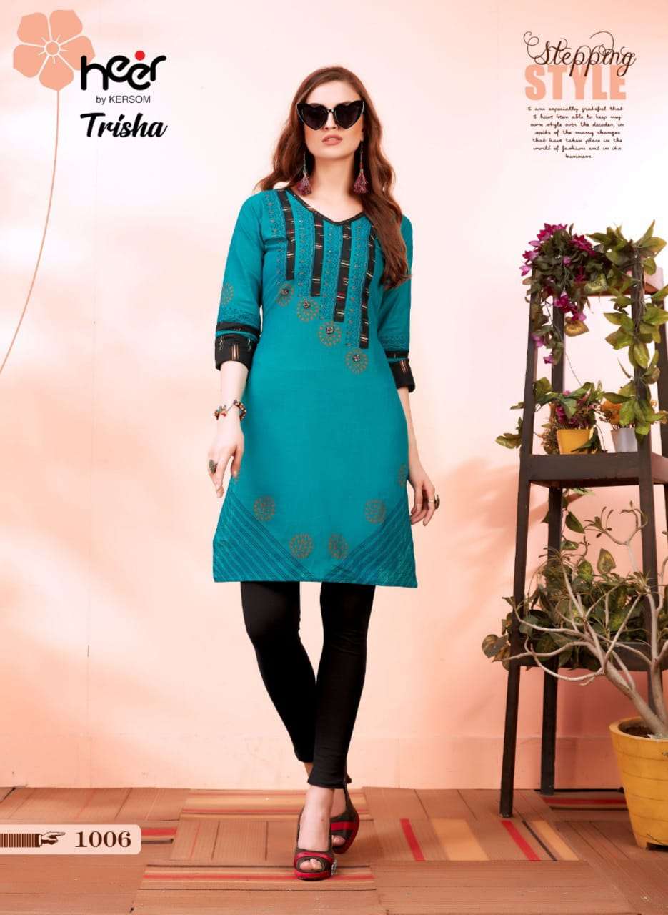 TRISHA BY HEER 1001 TO 1006 SERIES STYLISH FANCY BEAUTIFUL COLORFUL CASUAL WEAR & ETHNIC WEAR HEAVY COTTON KURTIS AT WHOLESALE PRICE