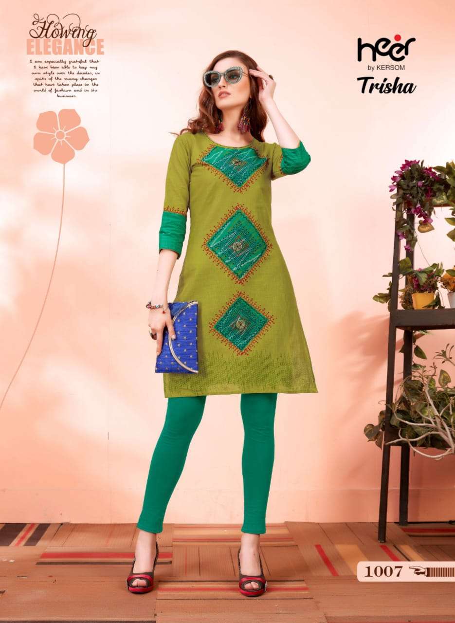 TRISHA BY HEER 1001 TO 1006 SERIES STYLISH FANCY BEAUTIFUL COLORFUL CASUAL WEAR & ETHNIC WEAR HEAVY COTTON KURTIS AT WHOLESALE PRICE