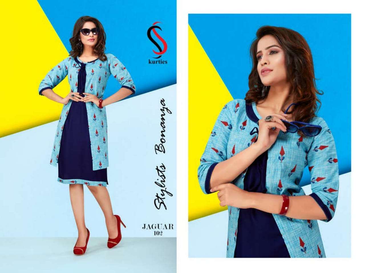 JAGUAR BY S S KURTIS 101 TO 110 SERIES STYLISH FANCY BEAUTIFUL COLORFUL CASUAL WEAR & ETHNIC WEAR HANDLOOM COTTON WITH INNER KURTIS AT WHOLESALE PRICE