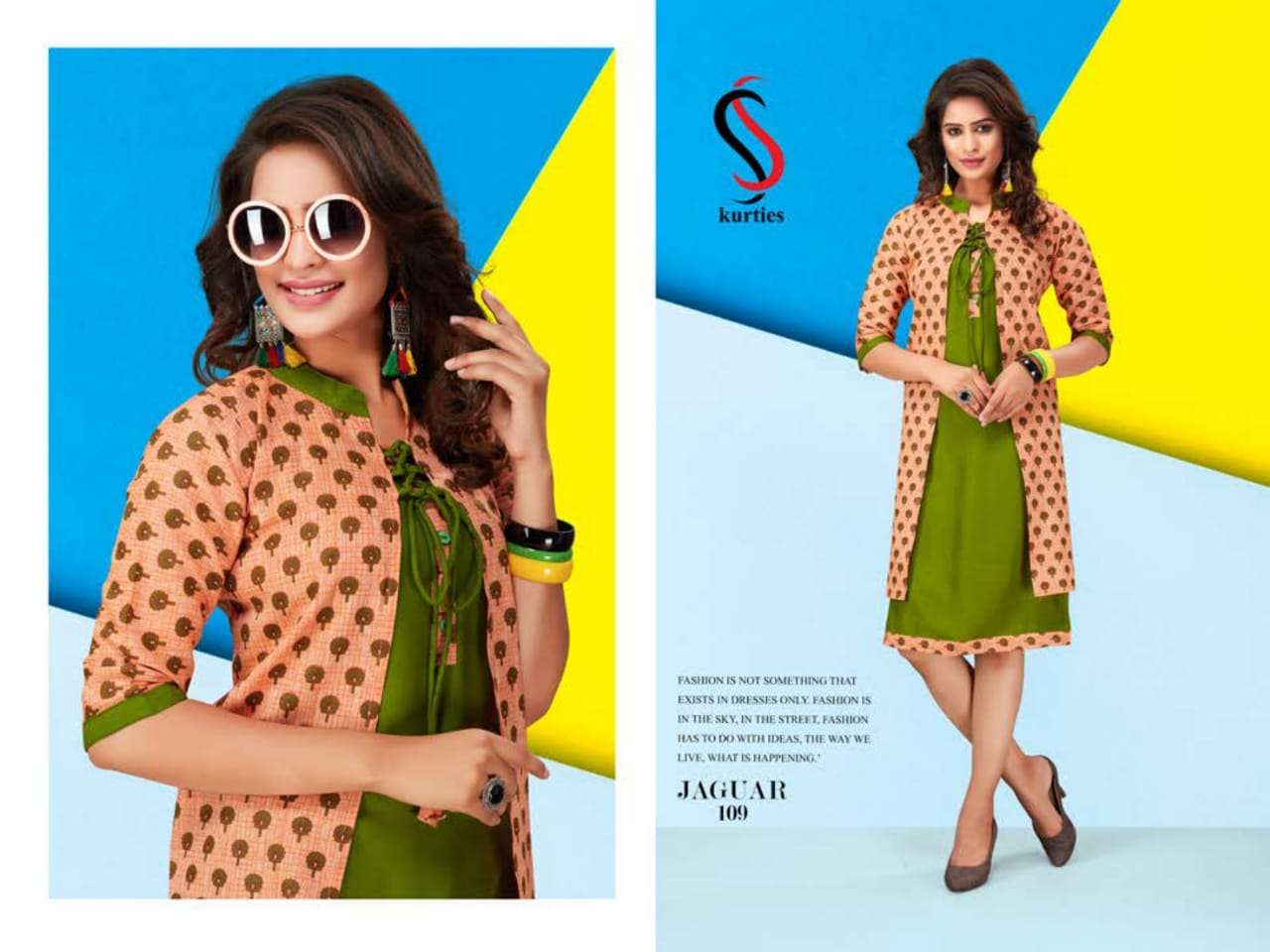 JAGUAR BY S S KURTIS 101 TO 110 SERIES STYLISH FANCY BEAUTIFUL COLORFUL CASUAL WEAR & ETHNIC WEAR HANDLOOM COTTON WITH INNER KURTIS AT WHOLESALE PRICE