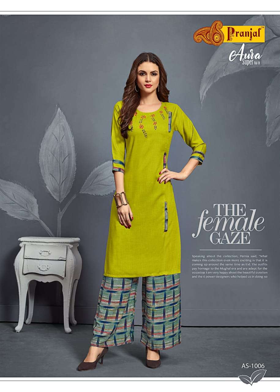 AURA SUPER VOL-1 BY PRANJAL CREATION 1001 TO 1006 SERIES STYLISH FANCY BEAUTIFUL COLORFUL CASUAL WEAR & ETHNIC WEAR RAYON SLUB 14 KG PLAIN KURTIS AT WHOLESALE PRICE