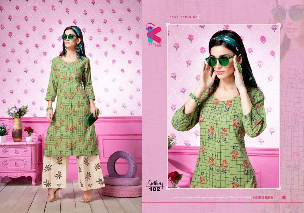 GEETIKA BY KERSOM 101 TO 108 SERIES STYLISH FANCY BEAUTIFUL COLORFUL CASUAL WEAR & ETHNIC WEAR HEAVY LINEN KURTIS AT WHOLESALE PRICE