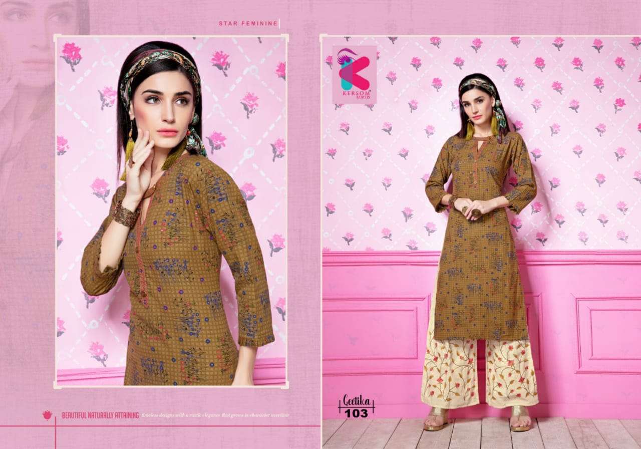 GEETIKA BY KERSOM 101 TO 108 SERIES STYLISH FANCY BEAUTIFUL COLORFUL CASUAL WEAR & ETHNIC WEAR HEAVY LINEN KURTIS AT WHOLESALE PRICE