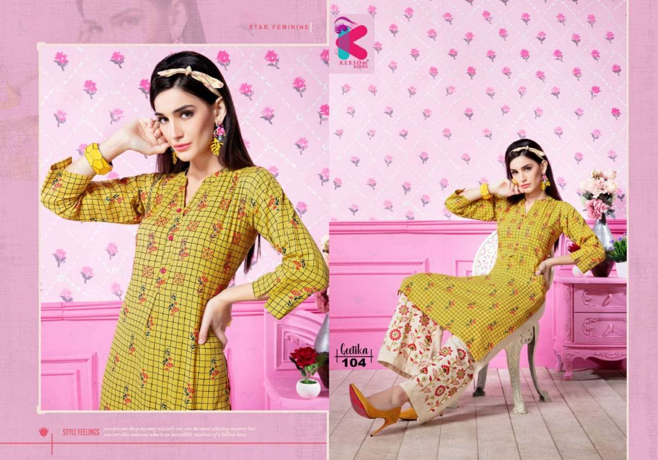 GEETIKA BY KERSOM 101 TO 108 SERIES STYLISH FANCY BEAUTIFUL COLORFUL CASUAL WEAR & ETHNIC WEAR HEAVY LINEN KURTIS AT WHOLESALE PRICE