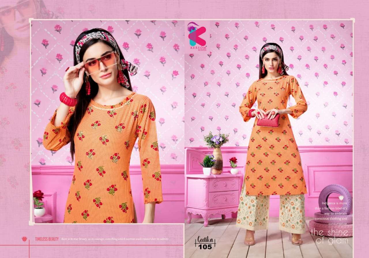 GEETIKA BY KERSOM 101 TO 108 SERIES STYLISH FANCY BEAUTIFUL COLORFUL CASUAL WEAR & ETHNIC WEAR HEAVY LINEN KURTIS AT WHOLESALE PRICE