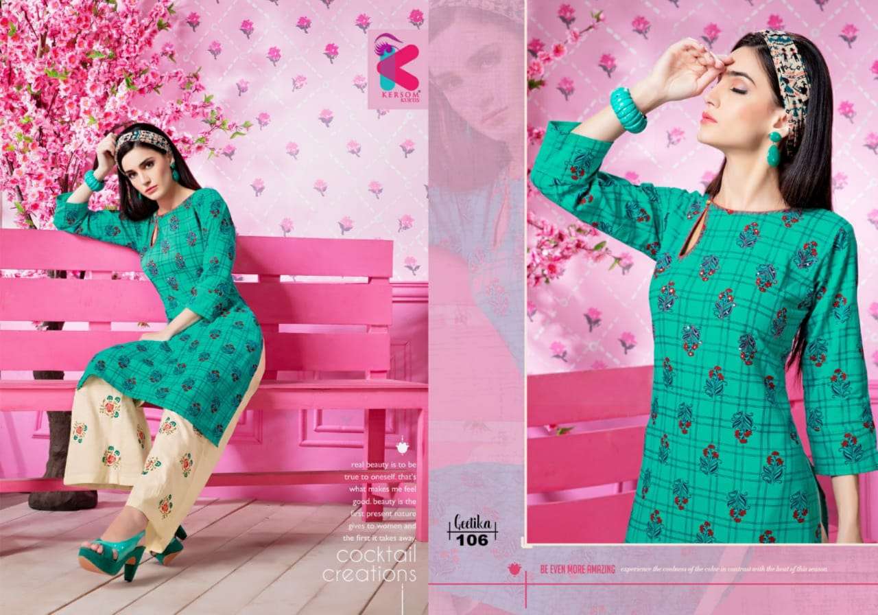 GEETIKA BY KERSOM 101 TO 108 SERIES STYLISH FANCY BEAUTIFUL COLORFUL CASUAL WEAR & ETHNIC WEAR HEAVY LINEN KURTIS AT WHOLESALE PRICE
