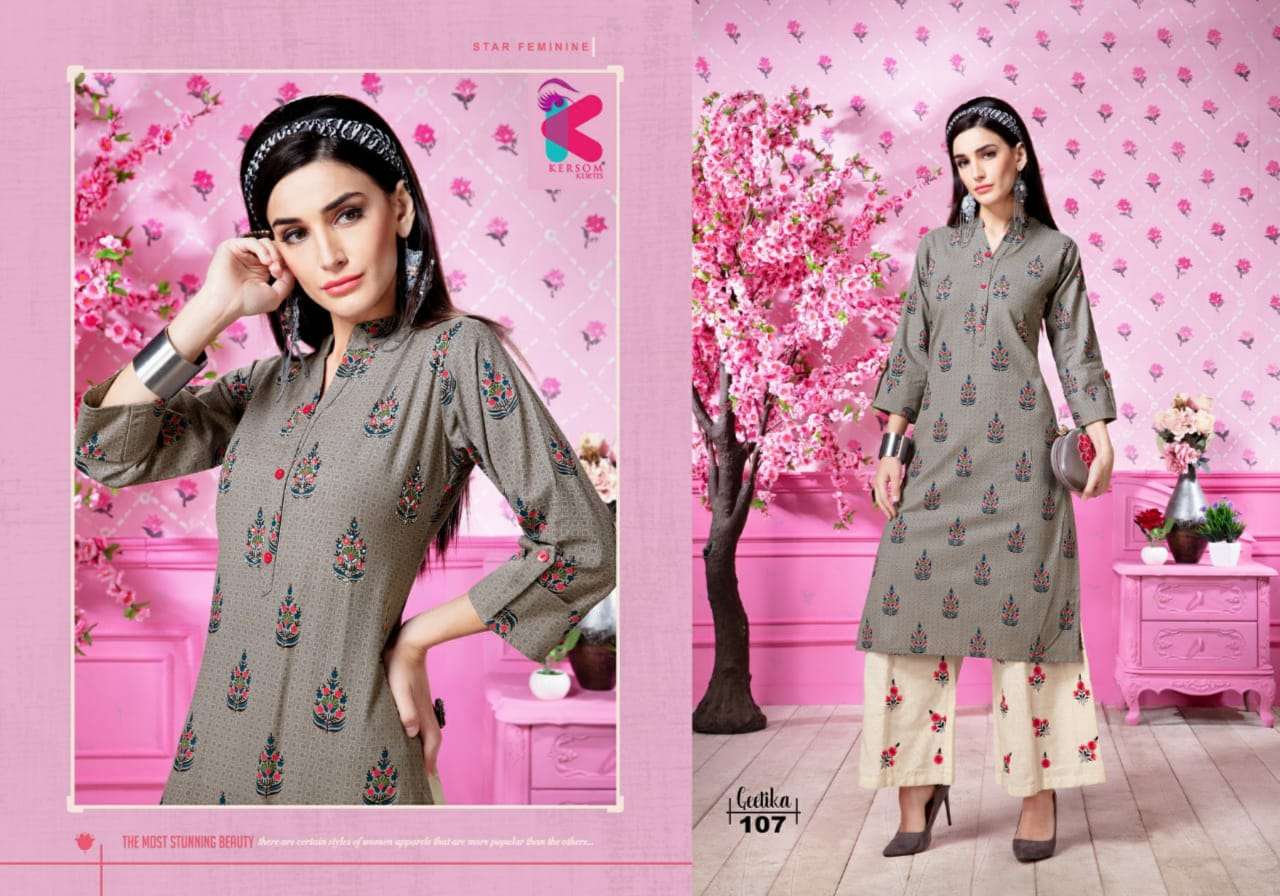 GEETIKA BY KERSOM 101 TO 108 SERIES STYLISH FANCY BEAUTIFUL COLORFUL CASUAL WEAR & ETHNIC WEAR HEAVY LINEN KURTIS AT WHOLESALE PRICE