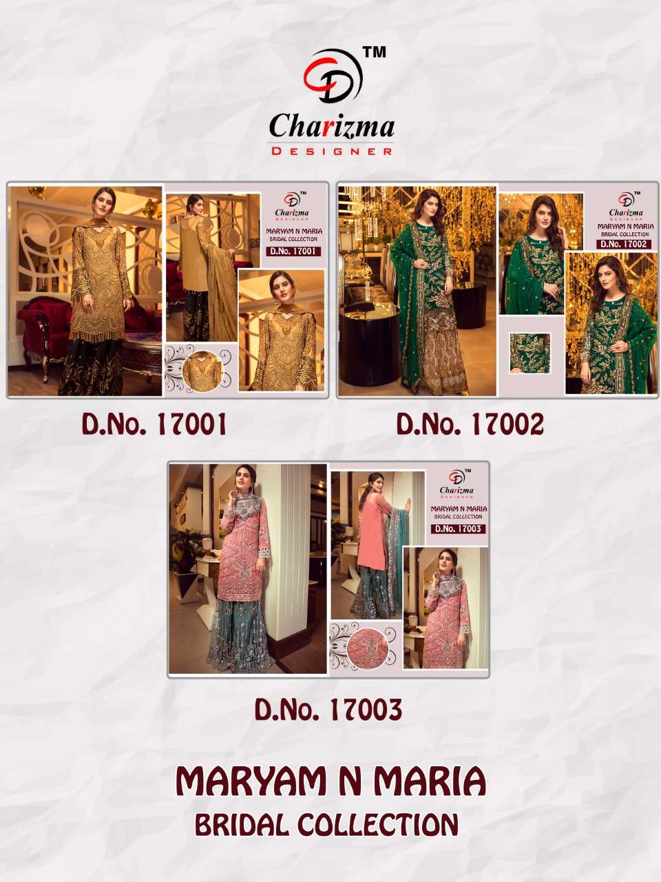 MARYAM N MARIA BRIDAL COLLECTION BY CHARIZMA DESIGNER 17001 TO 17003 SERIES PAKISTANI TRADITIONAL WEAR COLLECTION BEAUTIFUL STYLISH FANCY COLORFUL PARTY WEAR & OCCASIONAL WEAR FAUX GEORGETTE WITH HEAVY EMBROIDERED DRESS AT WHOLESALE PRICE