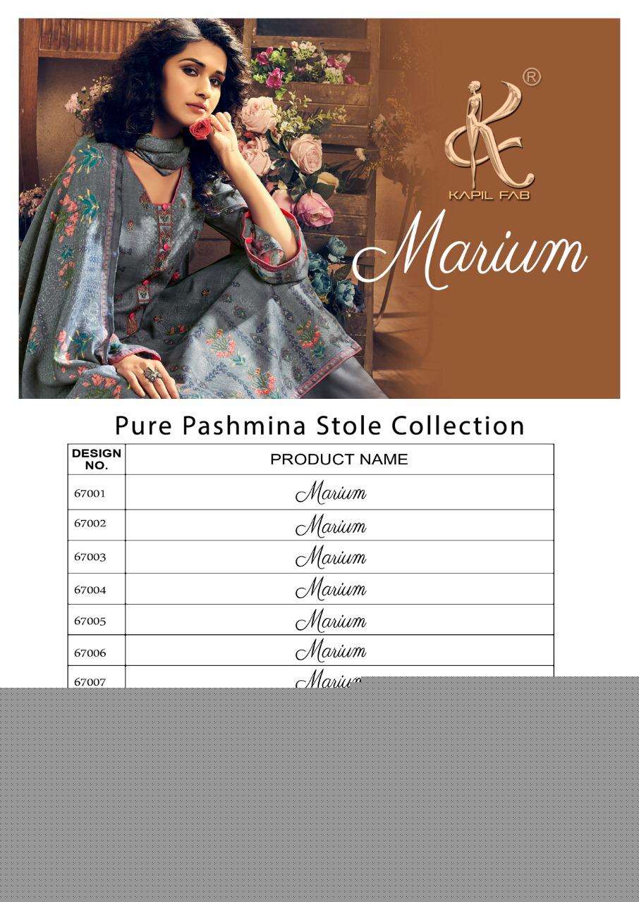 MARIUM BY KAPIL FAB 67001 TO 67008 SERIES BEAUTIFUL SUITS STYLISH FANCY COLORFUL PARTY WEAR & ETHNIC WEAR PASHMINA DIGITAL PRINTED WITH EMBROIDERED DRESSES AT WHOLESALE PRICE